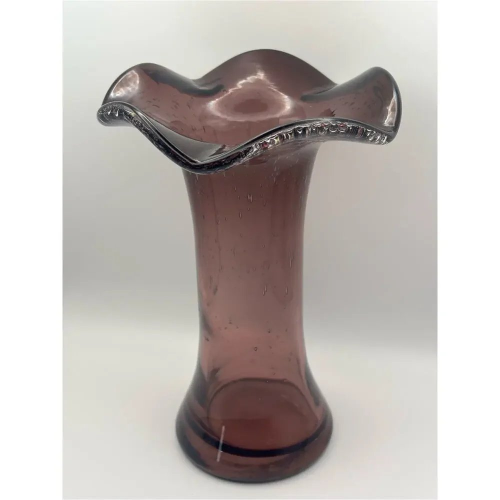 Vintage Amethyst Purple Vase with Ruffled Top, Hand Blown Art Glass Flower Vase